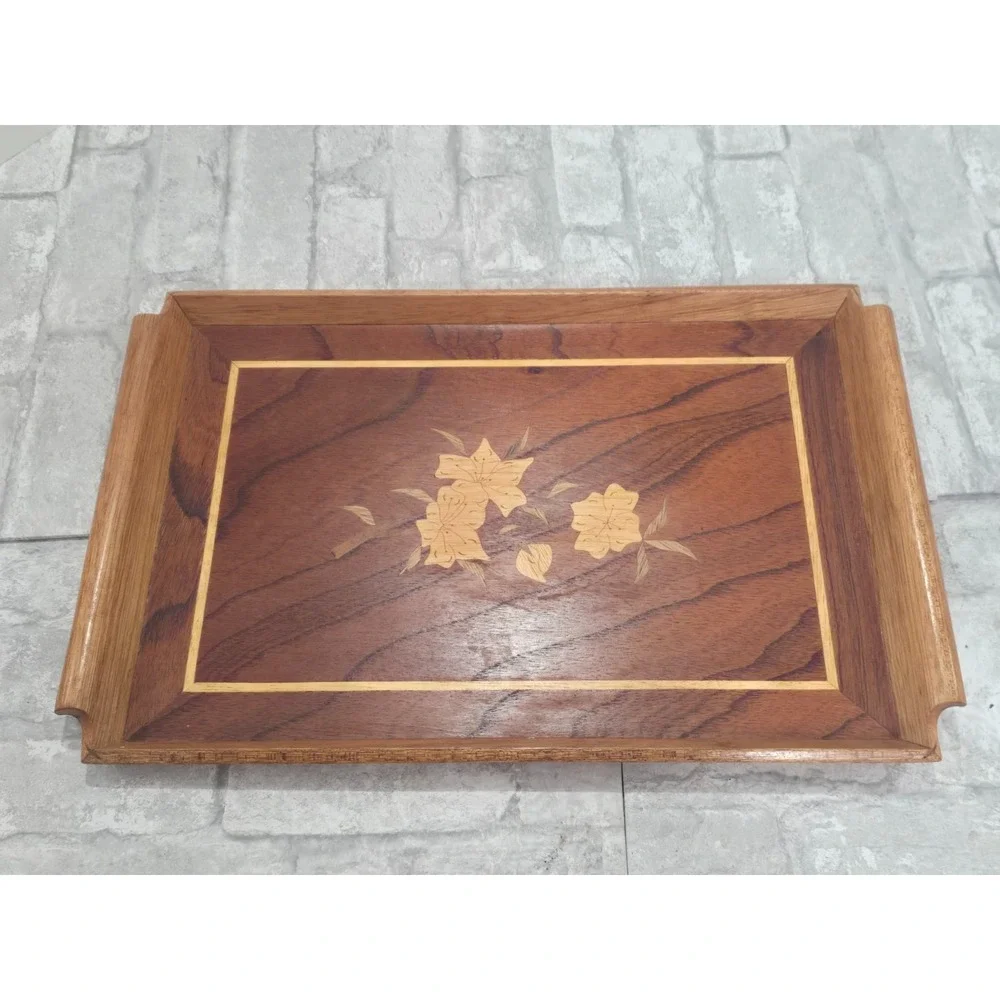 2 Vintage Mid Century Riekes Crisa Wood Inlay Tray Spline Joints Flower Motif